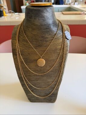 Vintage Gold tone multi chain necklace w/butterfly clasping back and locket
